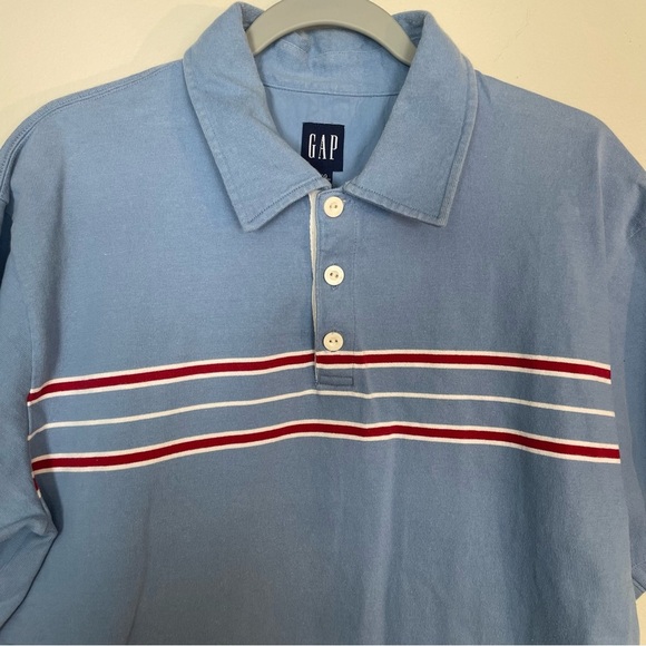 GAP men’s golf shirt short sleeve blue with white/red stripe across chest large - Picture 2 of 5